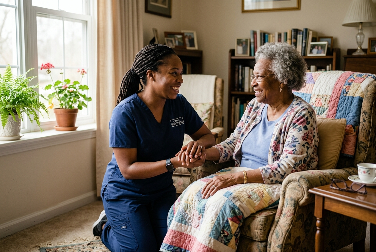 A smiling caregiver talking with an older adult